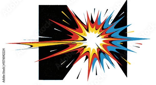 Colorful explosion graphic bursting from a black square background, dynamic design.