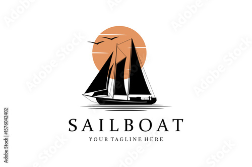 Simple Sailboat dhow ship line art logo design illustration