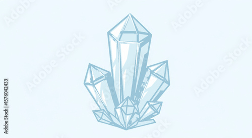 Illustration of a cluster of light blue crystals with geometric shapes and facets, set against a pale background.