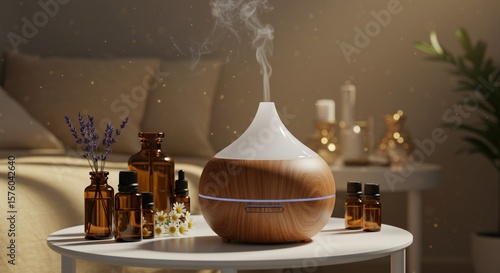 Aromatherapy Diffuser and Essential Oils in Cozy Bedroom