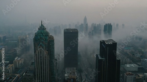 New York City skyline with tall skyscrapers and urban buildings at sunset