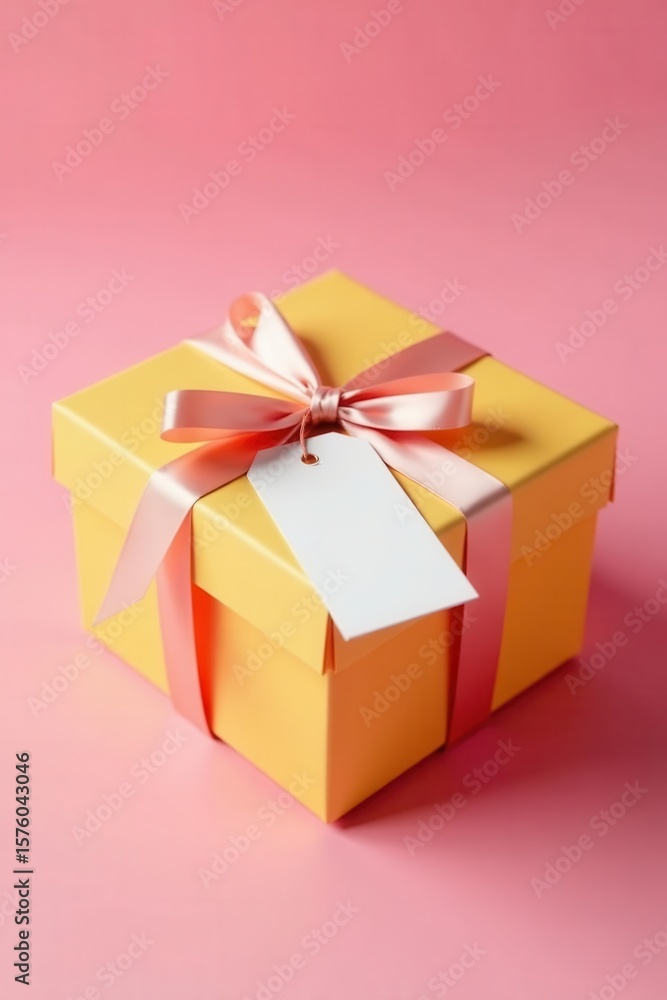 Obraz premium Elegant gift box, satin ribbon, blank tag Yellow pink background , pastel, packaging design