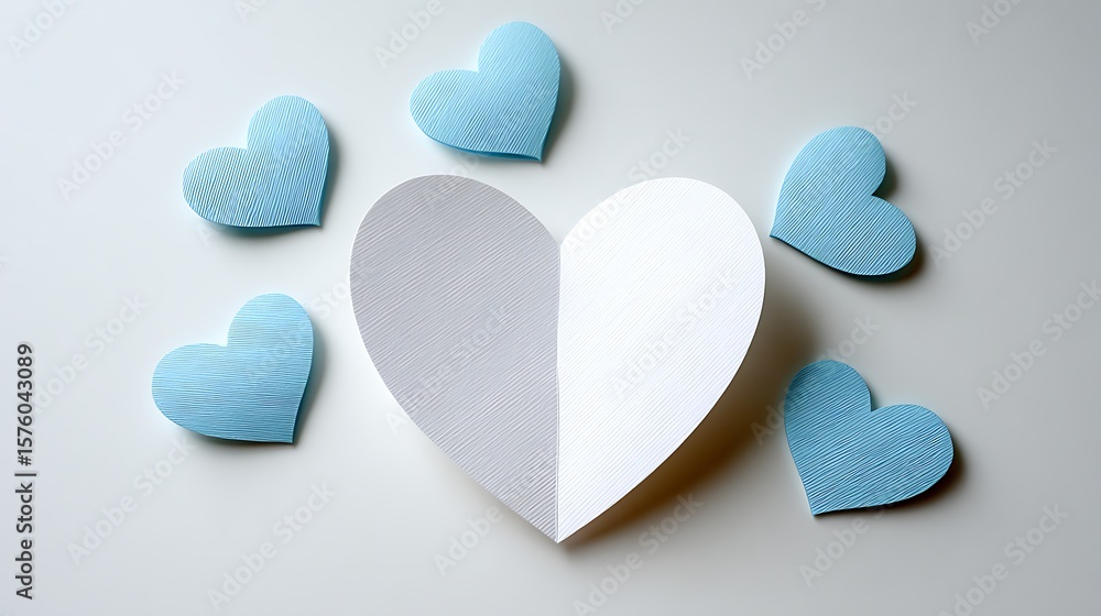 Obraz premium A large white and gray paper heart is surrounded by smaller blue paper hearts on a light gray background