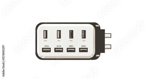 A white and black USB charging station with multiple ports and a plug.