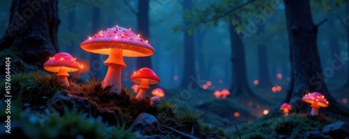 Glowing mushrooms illuminate ancient trees Night, fantasy, forest, magic , enchanted, background