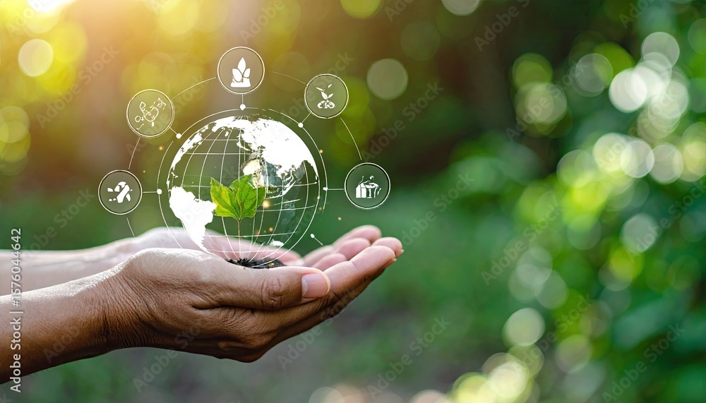 Hands holding a sprout and earth globe Hands holding a sprout and earth globe