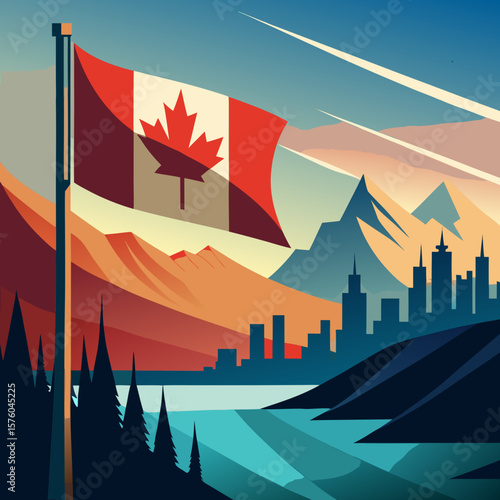 A vibrant illustration of Canadian landscapes and cityscapes at sunset, featuring the iconic Canadian flag.