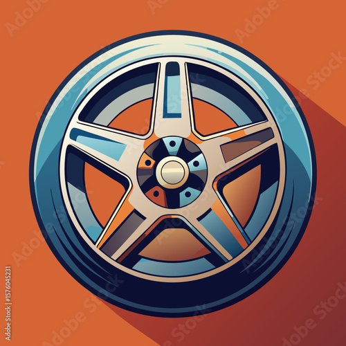 Illustrated metal rim with spokes and hubcap on a red background.
