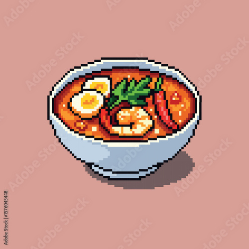 Vector pixel art illustration of a traditional Thai Tom Yum soup in a white bowl. The image features a vibrant, 16-bit retro style with shrimp, boiled eggs, chili peppers, herbs, and rich orange broth