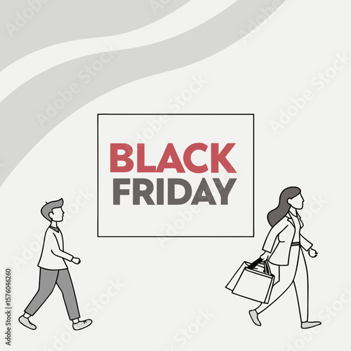 A graphical representation of the Black Friday shopping event, with two people walking towards a sign for sales and deals.