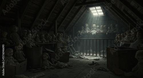 An assemblage of antique dolls arranged in the dim, enigmatic space of an attic setting