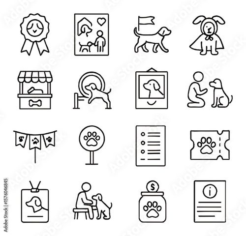Dog Events line art icons. dog show ribbon, adoption fair, dog parade, costume contest, treat booth, agility course, photo booth, training demo, paw print banner, dog-friendly sign