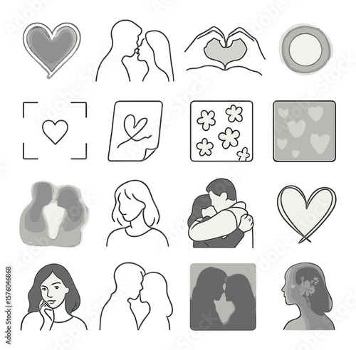 Artistic Love Photography line art icons. heart light painting, silhouette kiss, shadow hands heart, dreamy lens flare, poetic focus, handwritten love note, pastel filter, flower