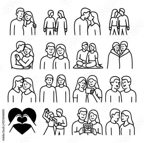 Couple Photography line art icons. posed couple, holding hands, forehead kiss, walking together, back hug, smiling faces, picnic pose, cozy blanket, eyes closed, matching outfits,