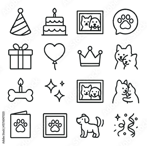 Pet Celebration Moments line art icons. party hat, treat cake, pet photo, paw stamp, wrapped gift, heart balloon, pet crown, happy bark bubble, birthday bone, sparkle icon, family