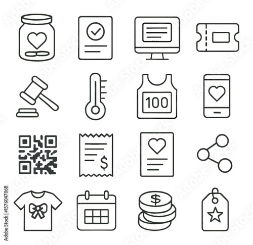 Fundraising Tools line art icons. donation jar, pledge card, online form, event ticket, auction gavel, thermometer goal, charity run bib, mobile app, QR code, donor receipt,