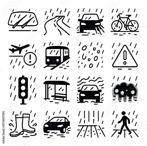 Rain and Transportation line art icons. wipers on car, water-slicked road, headlights in rain, rain-covered bike, airport delay icon, wet train platform, raindrop windshield, road