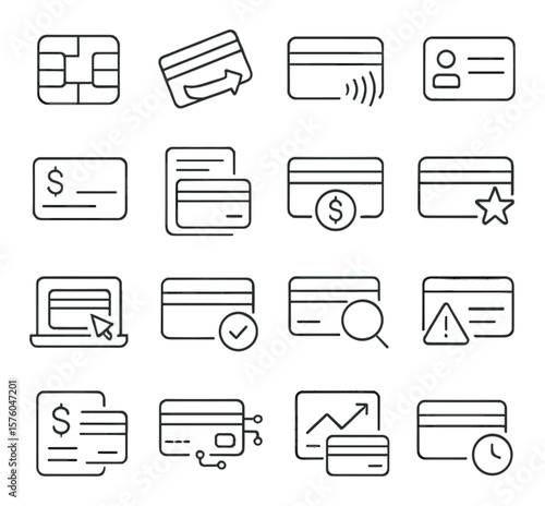 Credit Card Use line art icons. credit card chip, swipe icon, contactless symbol, cardholder icon, credit limit, card statement, card balance, reward points, online purchase icon,