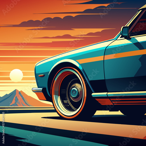 Digital art illustration of a classic American muscle car driving on a desert highway at sunset.