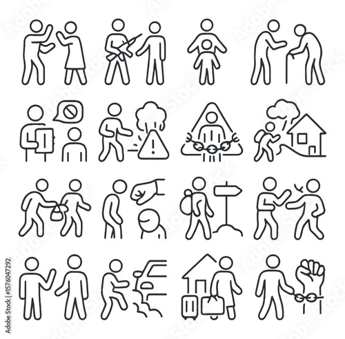 Victim Types & Contexts line art icons. domestic violence icon, conflict survivor, child protection symbol, elder abuse, hate crime report, war victim, trafficking alert, natural