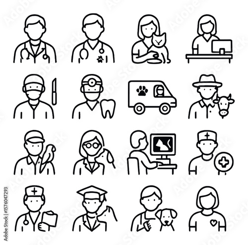 Vet Staff & Roles line art icons. veterinarian, vet tech, assistant, receptionist, surgery vet, dental vet, mobile vet, farm vet, exotic animal vet, animal behaviorist, radiologist