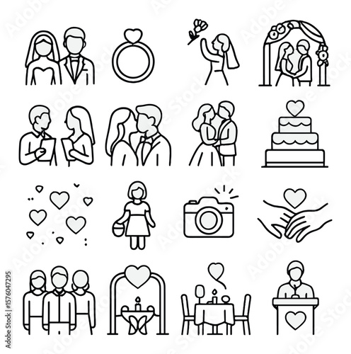 Wedding Moments line art icons. bride and groom, heart ring, bouquet toss, ceremony arch, vow photo, kiss snapshot, first dance, wedding cake, heart confetti, flower girl, camera