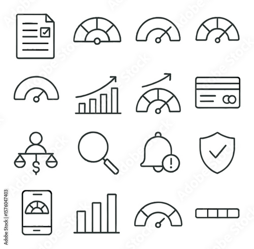 Credit Score Icons line art icons. credit report, credit meter, low score, medium score, high score, credit range graph, score gauge, score improvement arrow, credit card usage,