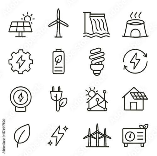 Sustainable Energy line art icons. solar panel, wind turbine, hydro power, geothermal icon, energy efficiency, green battery, energy saving bulb, renewable source, power meter, eco