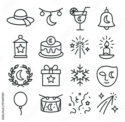 Holiday under the Stars line art icons. sun hat, moonlight garland, solar cocktail, crescent bell, star lantern, eclipse cake, night firework, dawn candle, moon wreath, solstice