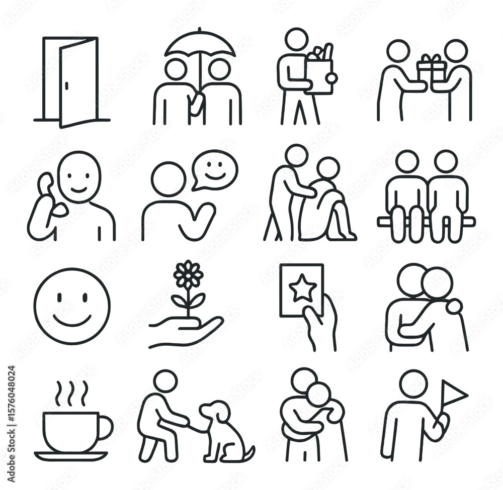 Acts of Kindness line art icons. open door, shared umbrella, carrying groceries, gift handoff, care phone call, compliment speech bubble, blanket offer, seat sharing, smile icon, Acts of Kindness line art icons. open door, shared umbrella, carrying groceries, gift handoff, care phone call, compliment speech bubble, blanket offer, seat sharing, smile icon,