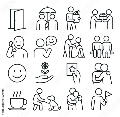 Acts of Kindness line art icons. open door, shared umbrella, carrying groceries, gift handoff, care phone call, compliment speech bubble, blanket offer, seat sharing, smile icon,
