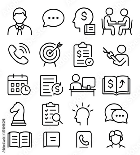 Credit Counseling line art icons. counselor icon, advice bubble, financial education, budgeting session, support phone, goal board, spending log, debt relief icon, repayment plan,