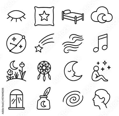 Poetic Dreams line art icons. closed eye, star pillow, floating bed, dream cloud, celestial map, shooting star, whispering wind, lullaby note, night garden, dreamcatcher, sleep