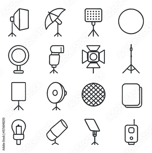 Lighting Equipment line art icons. softbox, umbrella light, LED panel, reflector disc, ring light, flash gun, barn doors, light stand, diffuser, beauty dish, grid, gel filter,