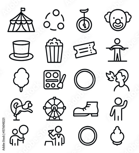 Circus & Carnival line art icons. tent icon, juggling balls, unicycle, clown nose, ringmaster hat, popcorn bag, ticket stub, tightrope, cotton candy, face paint, hoop ring, fire