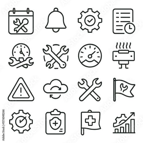 Preventive Maintenance line art icons. calendar wrench, scheduled bell, gear check, daily log, task clock, recurring tools, wear meter, condition sensor, threshold alert, forecast