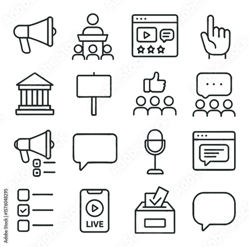 Public Opinion line art icons. megaphone, speaker panel, media feedback, vote count, townhall icon, protest board, like crowd, opinion group, survey megaphone, speech board, open