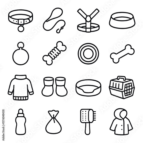 Dog Accessories line art icons. collar, leash, harness, dog bowl, ID tag, chew toy, frisbee, bone, sweater, booties, dog bed, travel crate, water bottle, poop bag, brush, raincoat.