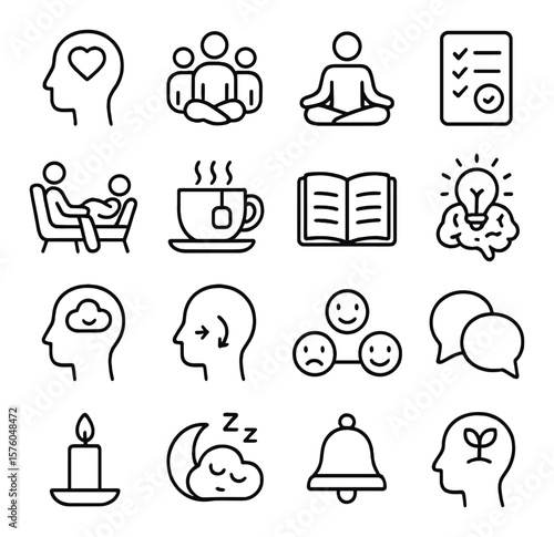 Mental Health Care line art icons. head with heart, support group, meditation pose, self-care checklist, therapy session, calming tea, open journal, brain with light, positive
