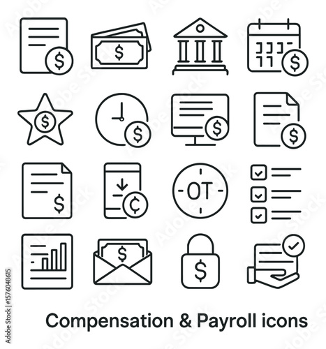 Compensation & Payroll line art icons. salary slip, money stack, bank icon, calendar pay day, bonus star, clock with coin, payroll software, payslip file, tax report, direct
