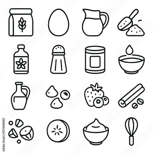 Waffle Ingredients line art icons. flour bag, egg, milk jug, sugar scoop, vanilla bottle, salt shaker, baking powder tin, melted butter, oil bottle, chocolate chips, fresh berries,