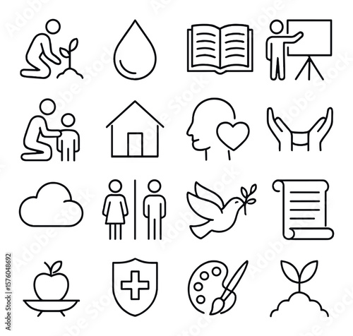 Social Impact line art icons. planting tree, clean water drop, literacy icon, job training, youth mentoring, homeless shelter, mental wellness, safety net, clean air cloud, gender