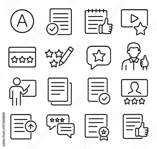 Teacher or Course Reviews line art icons. grade icon, report sheet, feedback notes, course star, class evaluation, rating pencil, comment bubble, teacher approval, lesson icon,