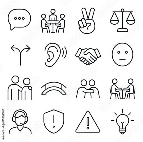 Conflict Resolution line art icons. dialogue bubble, mediation table, peace hand, fair scale, split path, listening ear, agreement icon, neutral face, empathy icon, bridge icon,