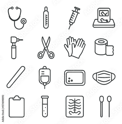 Veterinary Tools line art icons. stethoscope, thermometer, syringe, pet scale, otoscope, scissors, gloves, bandage roll, tongue depressor, IV bag, surgical tray, face mask,