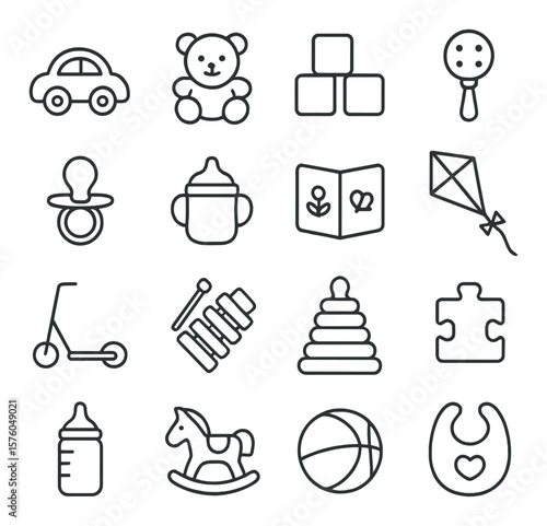 Childhood Objects line art icons. toy car, teddy bear, building blocks, rattle, pacifier, sippy cup, picture book, kite, scooter, xylophone, stacking rings, puzzle piece, baby