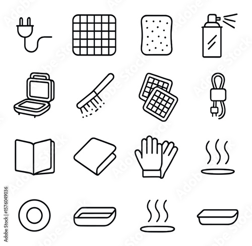 Waffle Iron Maintenance line art icons. unplug icon, cooling rack, clean sponge, non-stick spray, scraper tool, wipe cloth, open lid icon, brush crumbs, remove plates icon, storage
