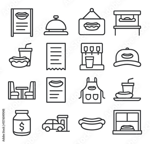 Hot Dog Restaurant line art icons. menu board, counter bell, open sign, kitchen pass, combo meal icon, receipt paper, soda dispenser, staff hat, booth table, wall menu, uniform