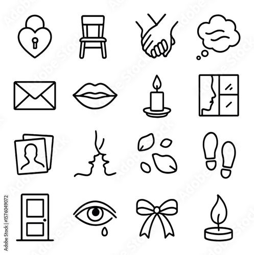 Love & Longing line art icons. heart lock, empty chair, holding hands, sigh cloud, unopened letter, parted lips, burning candle, gaze through window, fading photo, soft whisper,