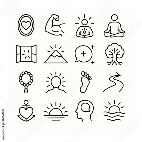 Daily Affirmations line art icons. mirror heart, strong arm, glowing chest, centered self, open window, rising mountain, affirmation quote bubble, rooted tree, mantra beads, spark